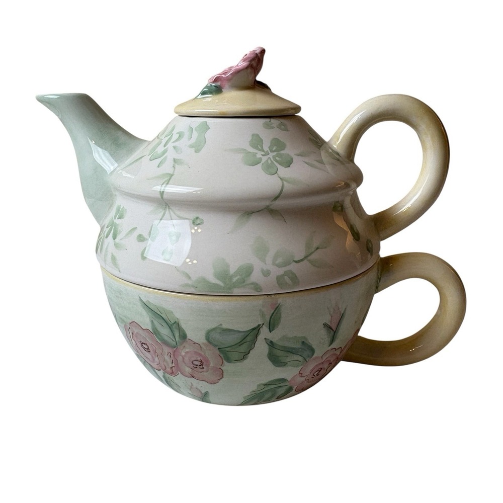 Capriware Ceramic Teapot Tea For One Ivory Pink Roses